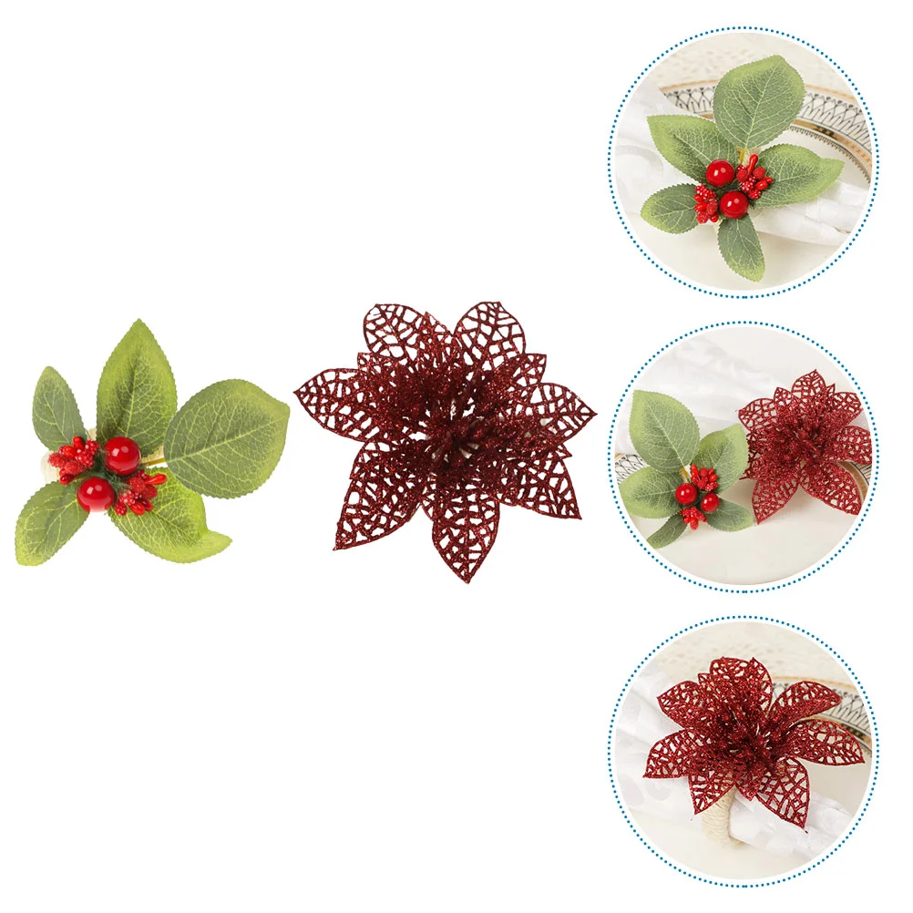 

Napkin Rings Christmas Holder Serviette Ring Poinsettiatable Decor Buckles Holders Flowerset Silver Buckle Red Party Festival