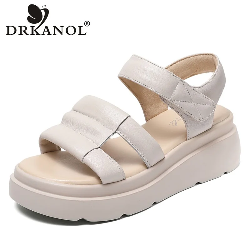 

Летние женские сандалии DRKANOL 2023, лаконичные роскошные дизайнерские сандалии на массивной платформе и танкетке из натуральной кожи, женская обувь с открытым носком