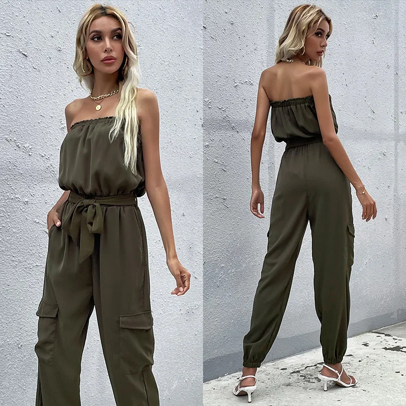 

W&G New fashion solid green 2022 Summer One-neck straight tube pants with belt jumpsuit women body suit body suit M220158