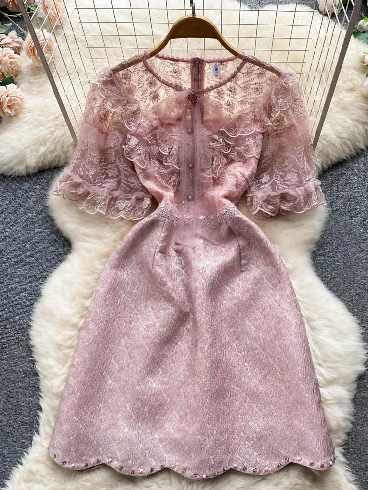 

Sweet Pink Mesh Patchwork Beading Jacquard Dress Women See Through Short Sleeve Bow Collar Elegant A Line Mini Party Vestidos