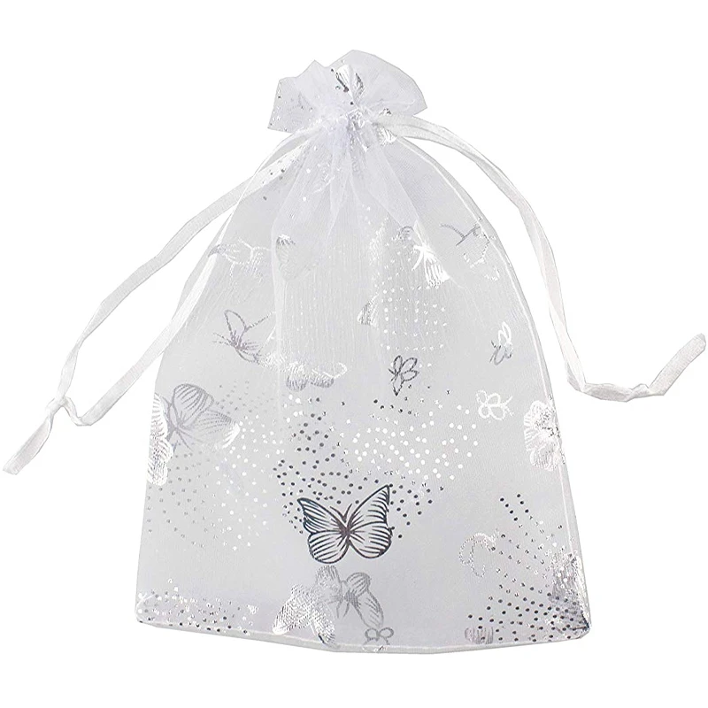 

100Pcs 9X12cm Butterfly Organza Jewelry Gift Pouch Candy Pouch Drawstring Wedding Favor Bags White