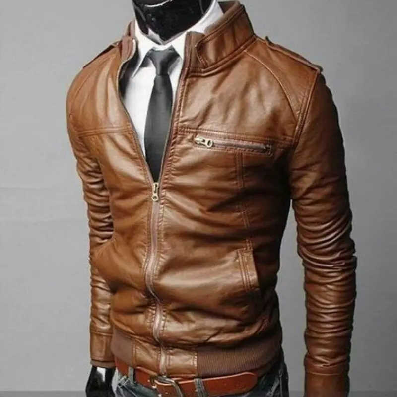

Куртка-бомбер мужская с воротником-стойкой, Модная приталенная уличная одежда, кожаный мотоциклетный пиджак, Осень-зима