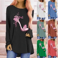 2022 new casual women fashion high heels printed t shirt loose round neck long sleeves plus size comfortable tops