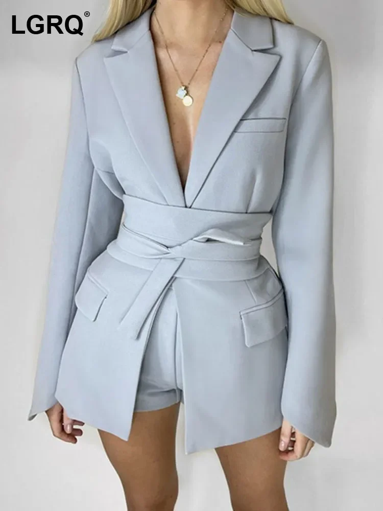 

NEW2023 [LGRQ] Slim Fit Khaki Elegant Belted Lace Blazer New Notched Neck Long Sleeve Women's Blue Coat Fashion Tide Autumn