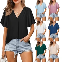 summer womens top v neck chiffon shirt pleated loose short sleeve top women tops shirts for women blouse women comfortable