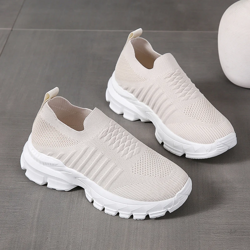 Fashion Sneakers for Women 2023 New Knitting Mesh Women's Vulcanize Shoes Thick Bottom Slip On Walking Shoes Plus Size 42