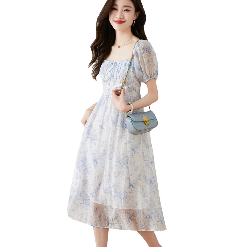 Женское шифоновое платье миди с квадратным вырезом элегантное французским