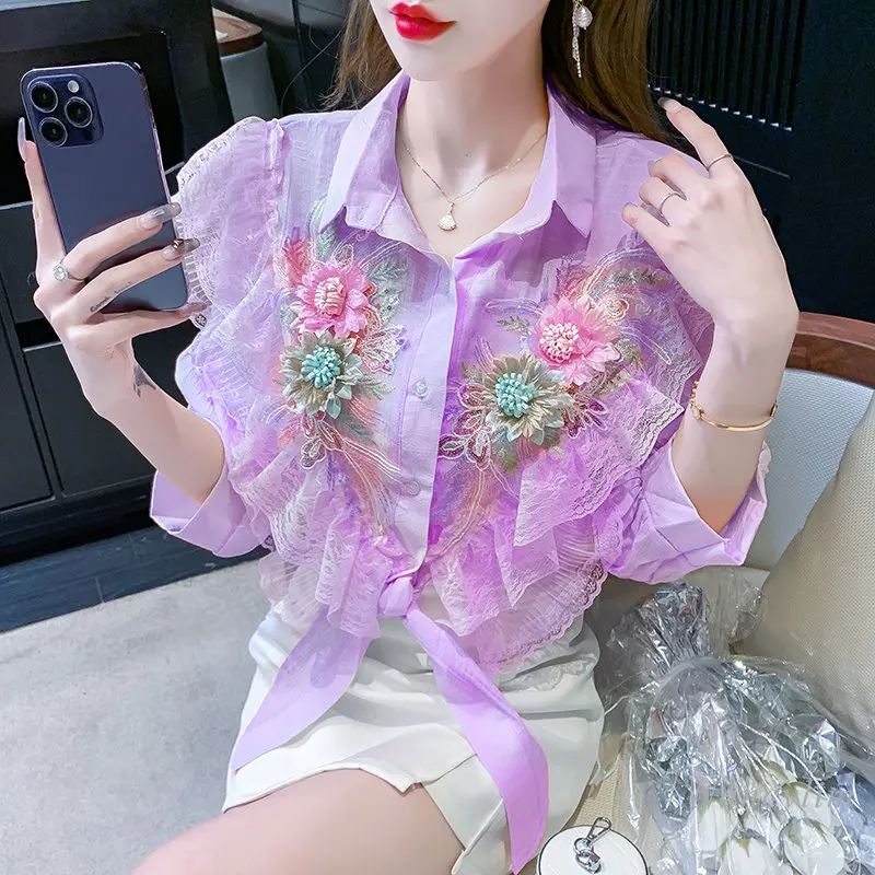 

Summer Shirts Woman 2023 New Three-Dimensional Flower Lace Ruffled Blouses Half Sleeve Short Sun Protection Clothing Top Blusa