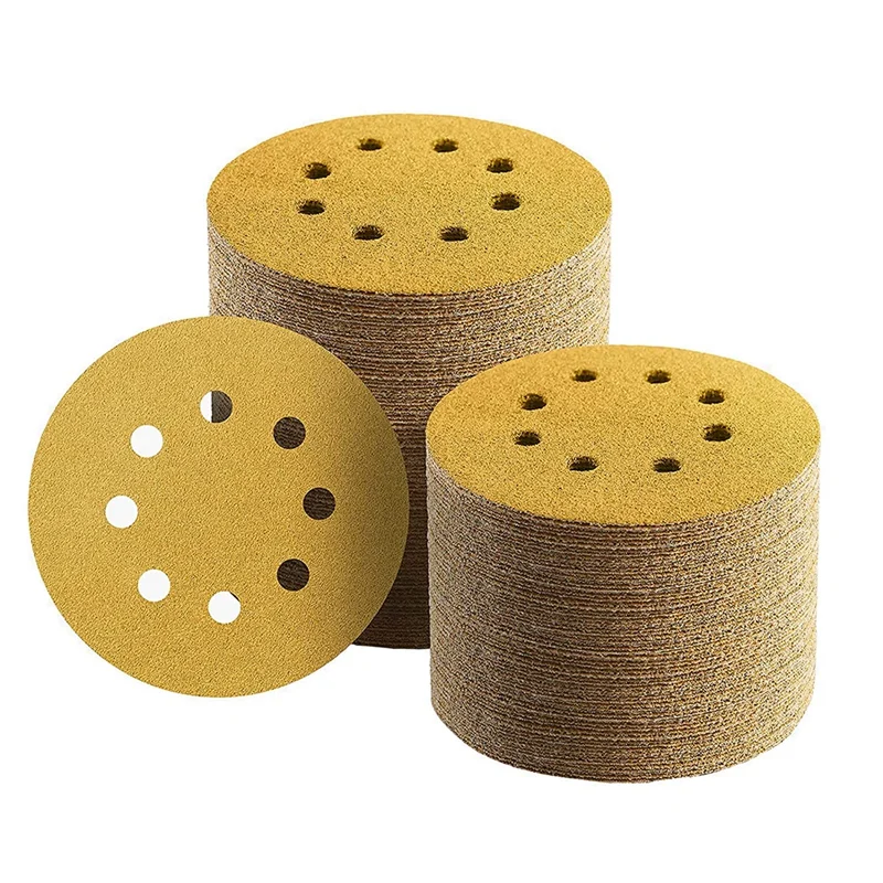 

100 Pcs 5-Inch 8-Hole Hook And Loop Sanding Discs 60-320 5 Assorted Grits Gold Sandpaper For Woodworking Or Automotive
