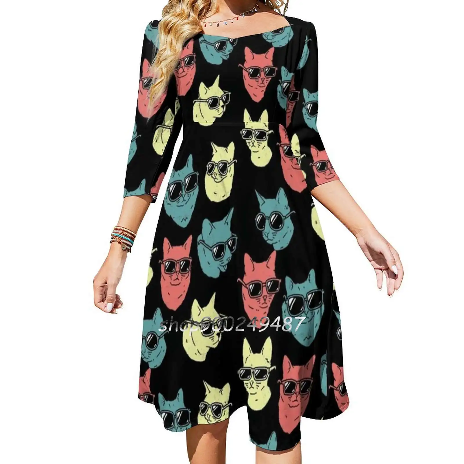 

Женское расклешенное платье-рубашка, элегантное модное платье с квадратным вырезом и принтом кошек и кошек