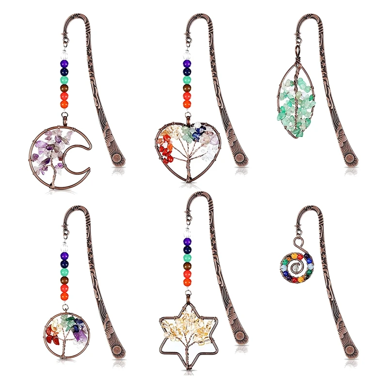 

6 Pack Antique Copper Metal Bookmark Beaded Bookmarks Handcrafted 7 Chakra Crystal Vintage Tree Bookmarks