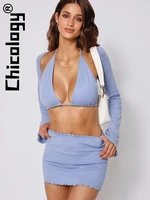 chicology 2022 women 2pieces dress set lace up solid ruched long sleeve top mini skirt sexy vacation party streetwear summer