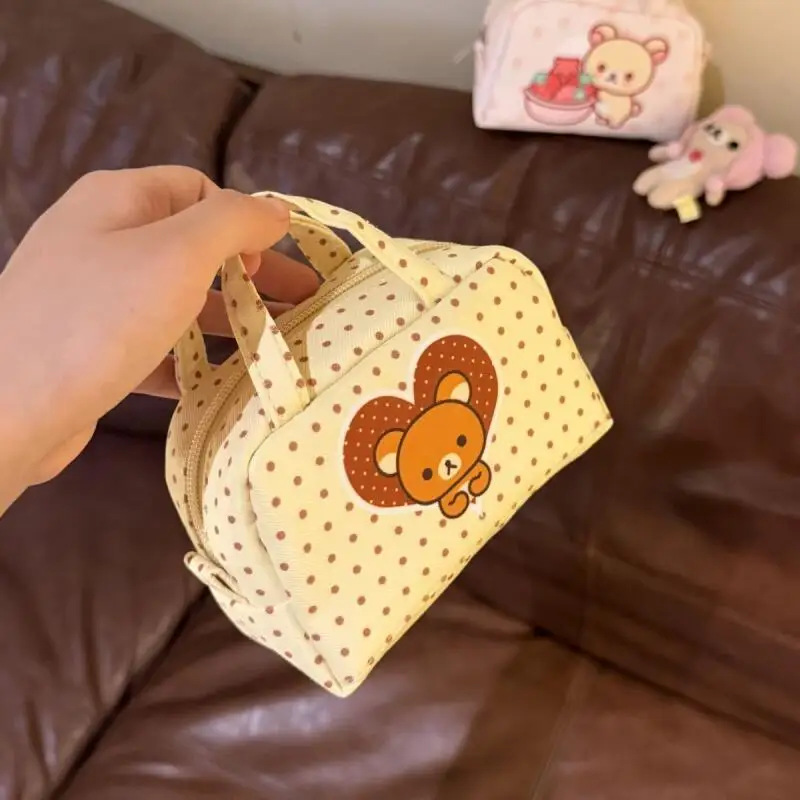 Фото Мультяшный кошелек-монетница Rilakkuma в горошек из оксфордской ткани с жемчужной цепочкой, мини-чехол для помады, подарок на день рождения другу №5
