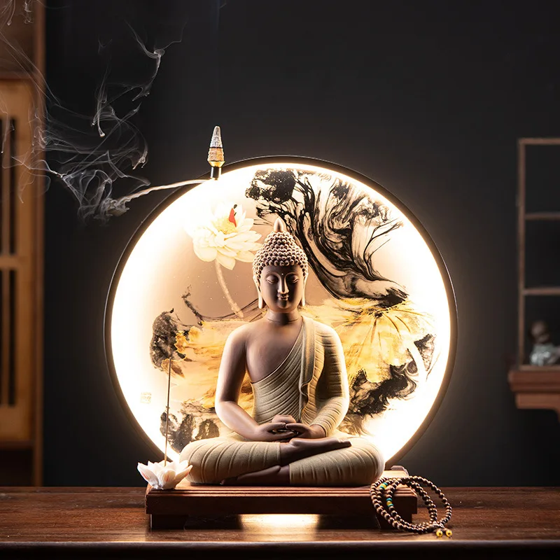 

Large Buddha Statue Sakyamuni Buddha Tathagata Buddha Statue Ceramic LED Lamp Ring Decoration Line Incense Burner