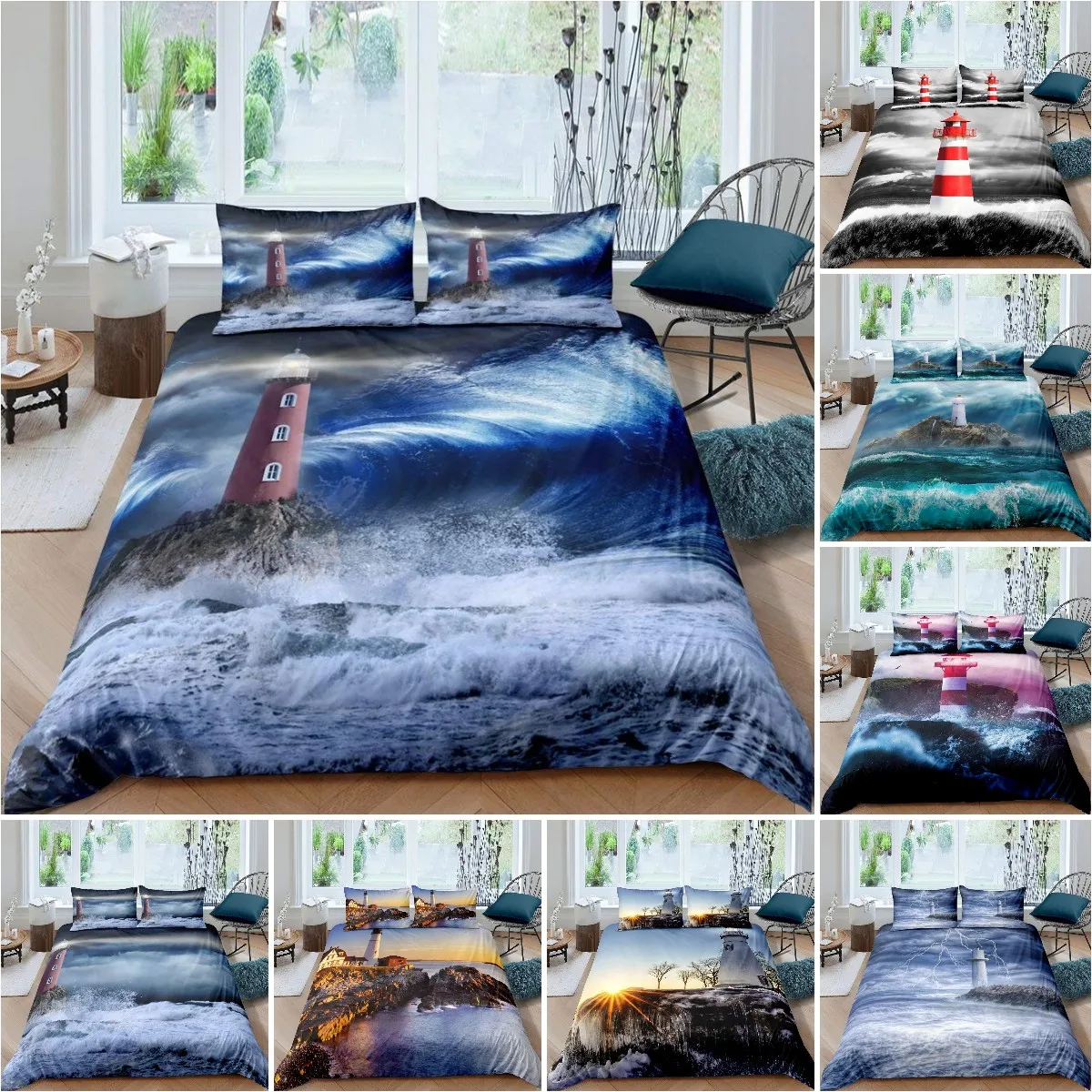 

Lighthouse Duvet Cover Set Nautical Surfing Ocean Wave Bedding Set Queen Size Coastal Nature Theme Quilt Cover for Kids Boys
