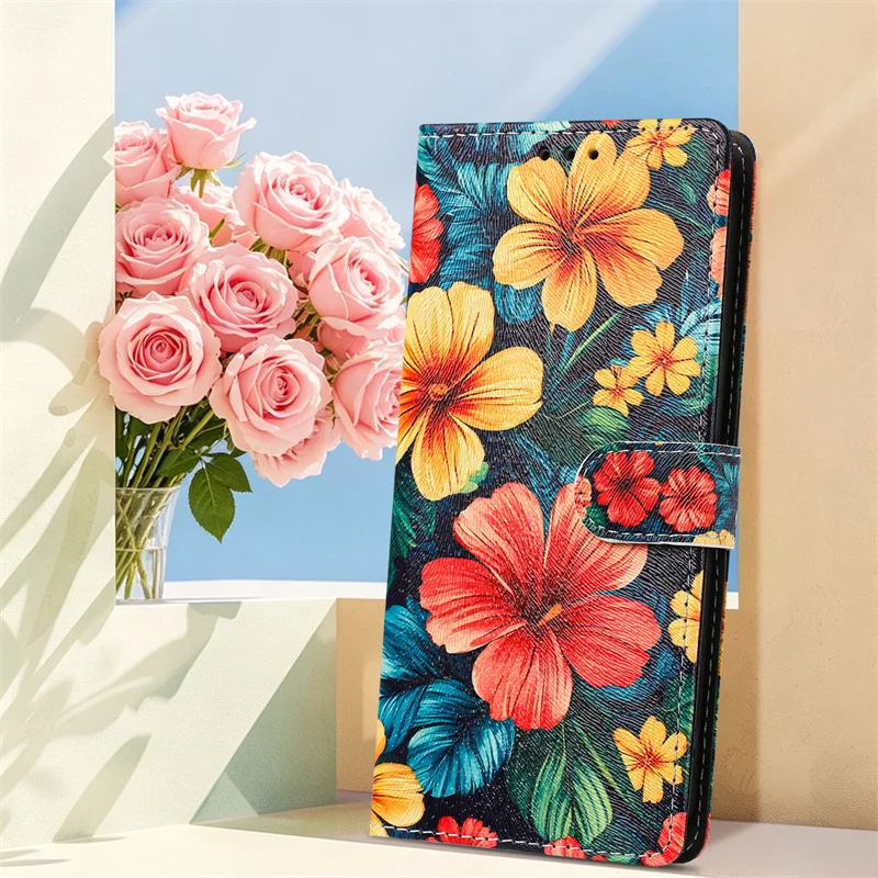 Фото Чехол-кошелек Redmi Note15 Pro+ для Xiaomi Redmi Note 15 14 13 12 11 Pro Plus 12s 11s 4G 5G, кожаный чехол с цветком гибискуса №5