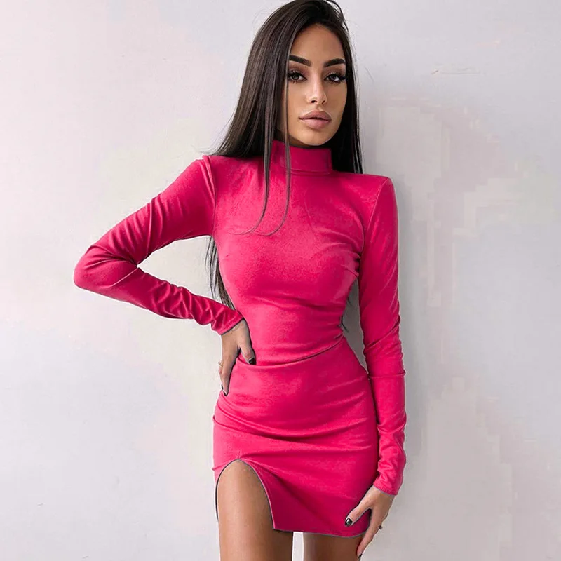 New Style Long Sleeve High Neck Temperament Fashionable Sexy Split Shoulder Pad Slim Dress Woman