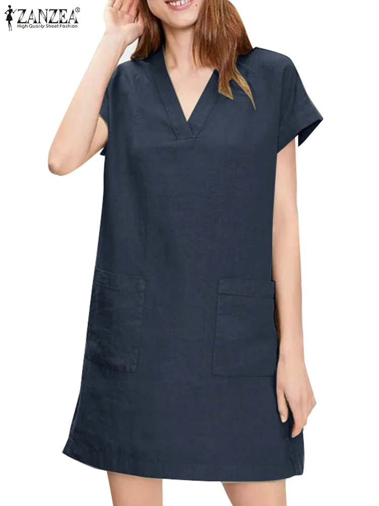 

Платье ZANZEA женское средней длины с коротким рукавом, модная уличная одежда, элегантный Однотонный сарафан с V-образным вырезом, большие размеры, на лето