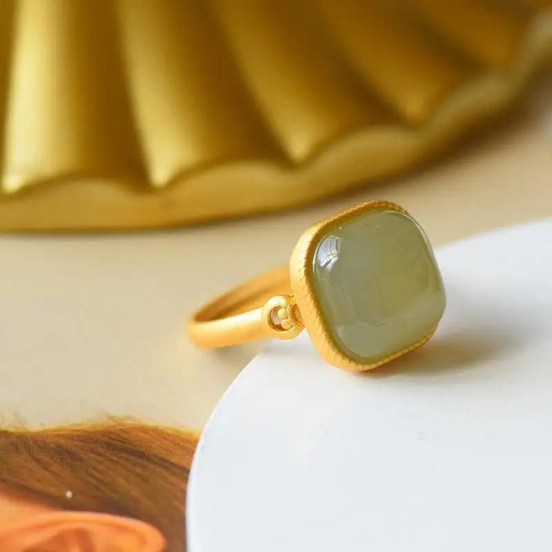 

New inlaid natural Hetian jasper geometric square niche design light luxury cold wind opening adjustable ladies ring