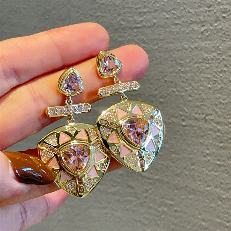

French women elegant pink heart earrings luxury sparkling love pendant sweet cute piercing exaggeration jewelry