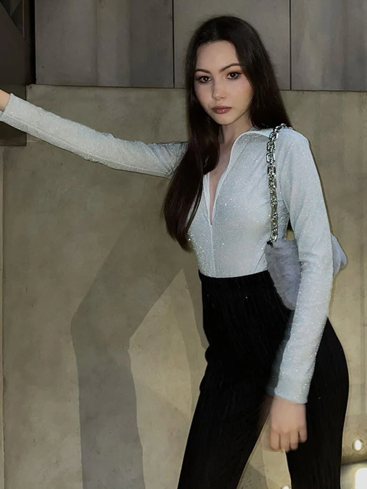 Женское Сверкающее боди с длинным рукавом элегантное облегающее высоким