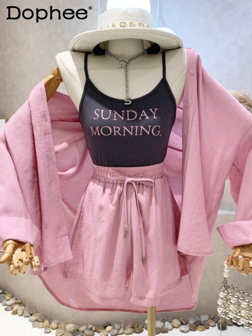 

Tracksuit Women 2022 New Summer Long Sleeve Loose Sun Protection Shirt Top + Letter Printed Vest + Casual Shorts Three-Piece Set