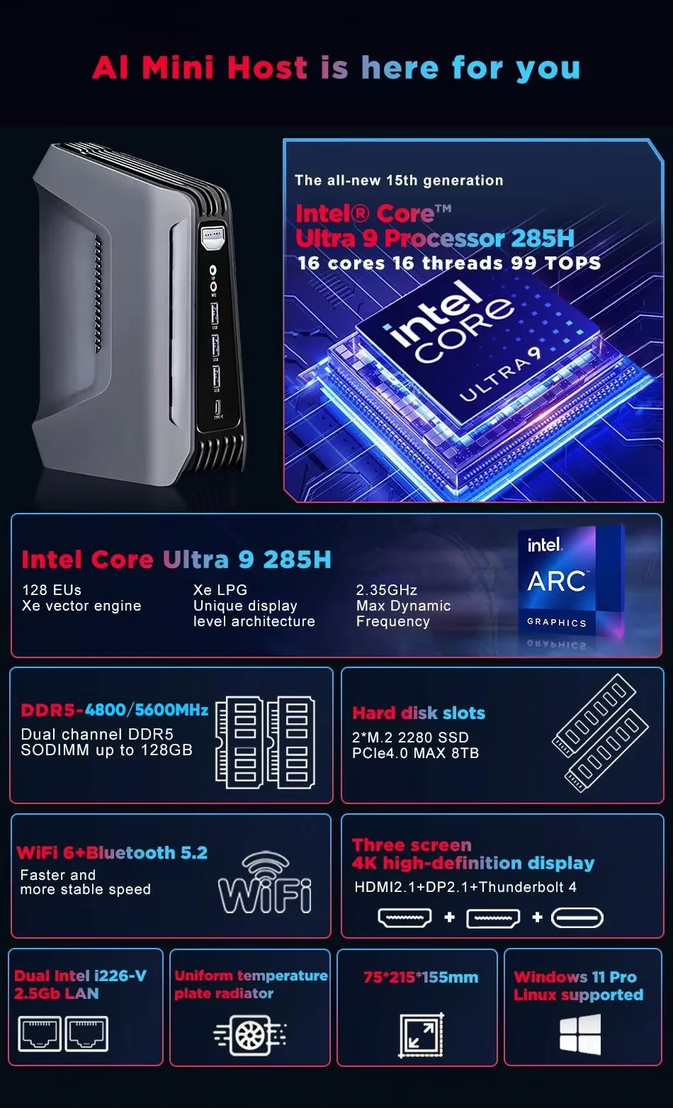 Фото Игровой мини-ПК Topton F12 с 2x2.5G LAN, AI-функциями, процессором Intel Core Ultra 9 285H/7 255H 15-го поколения, Thunderbolt 4, 2xDDR5, 2xPCIe, Windows 11, RGB-подсветкой и WiFi6 №3