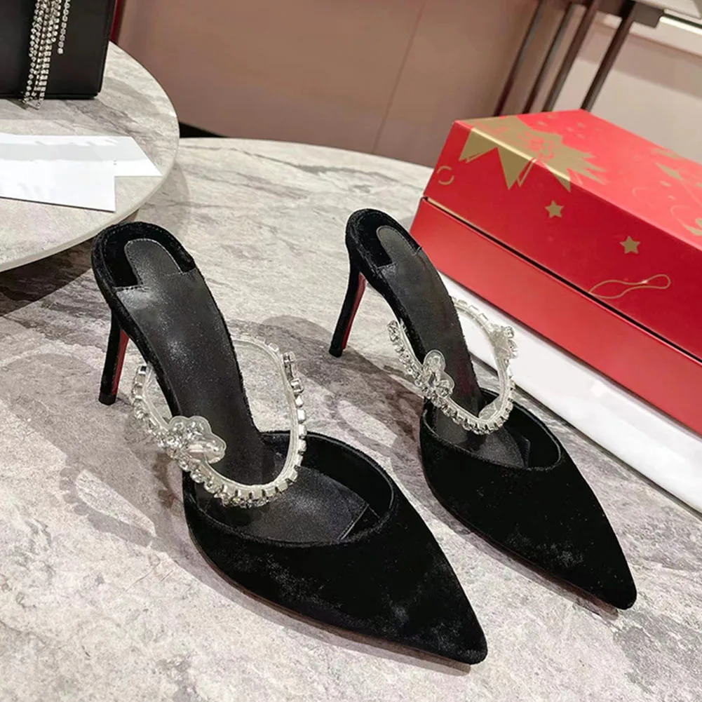 Brand New  Pointed Toe 2023 Summer Rhinestones Silver Black Wedding Sexy Party High Heels Women Mules Pumps Slip On Women Shoes