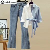 2022 new large womens suit fashion korean summer stripe stitching shirt high waist jeans two piece female set