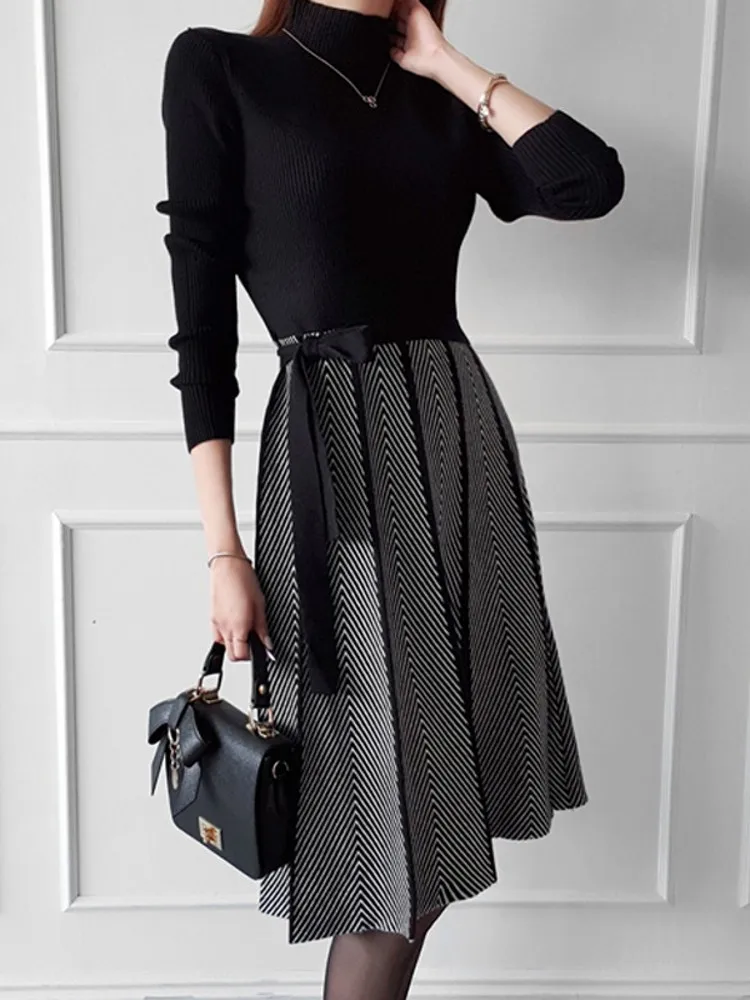 

2023 New Fashion Autumn Winter knitting Sweater Dress Women Elegant Vintage Striped patchwork Knit Dresses Ladies Vestidos