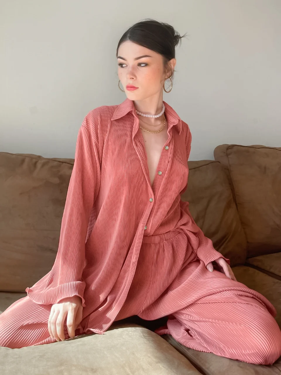 

Pleated Pajamas For Women Home Suit Flare Loungewear Trouser Suits Long Sleeves Women's Nightgowns Single Breasted Pijama