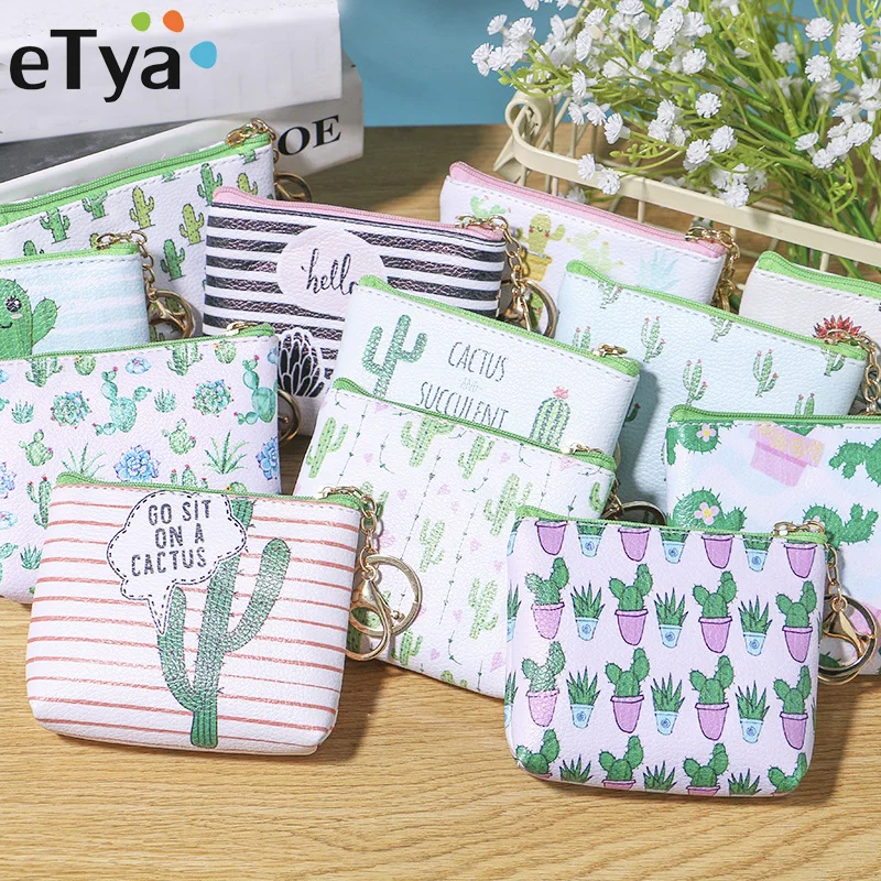 

Mini Wallets Women Cactus Print Leather Coin Purses Vintage Small Change Purse Coin Pouch Credit Card Wallet Money Bag