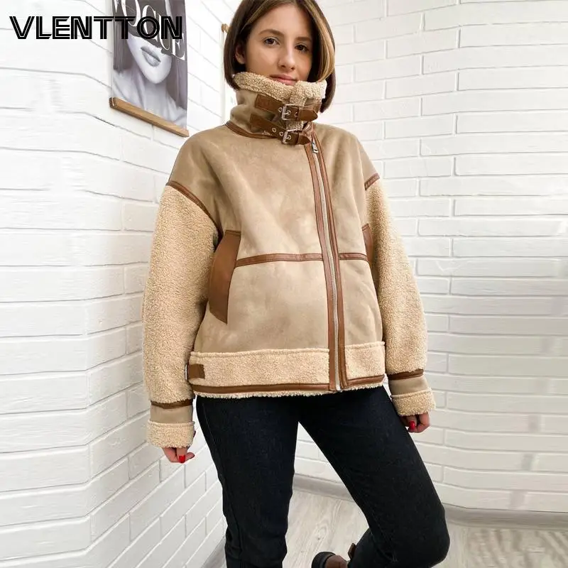 New Winter Women Thick Vintage Splice Suede Jacket Coat Loose Warm Lambswool Biker Outwear Female Oversize Faux Leather Overcoat