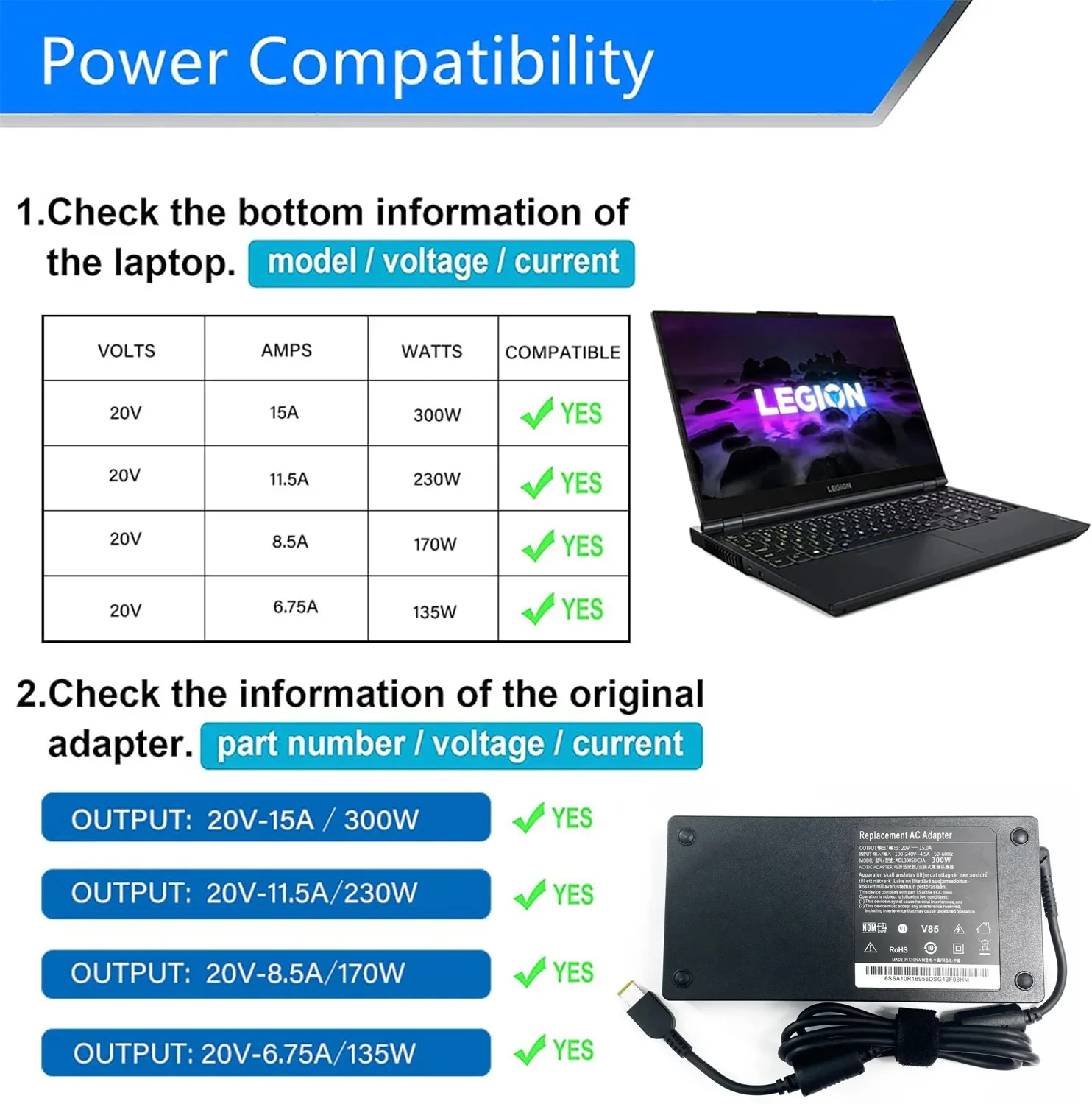 Зарядное устройство для lenovo ADL300SDC3A 5A10W86289 Y9000K R9000K Y9000X Y7000P R9000P 7 16ACHg6 20 в 15 А 300 Вт