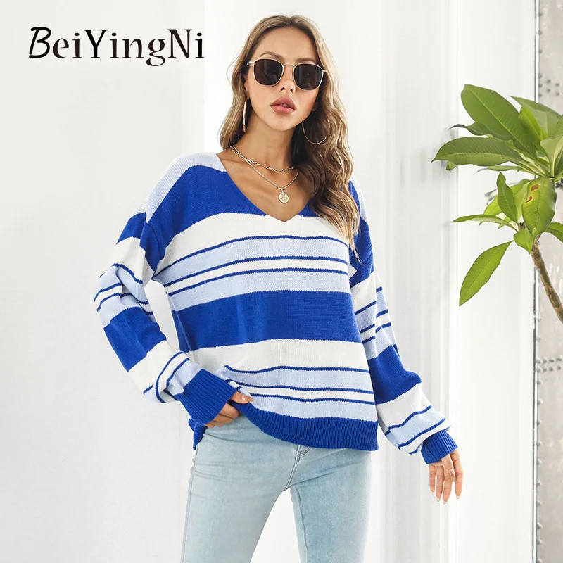 

Beiyingni Spell Color Women's Sweater V-neck Long Sleeve Striped Loose Green Knitting Pullover Femme Loose Casual Elegant Jumper