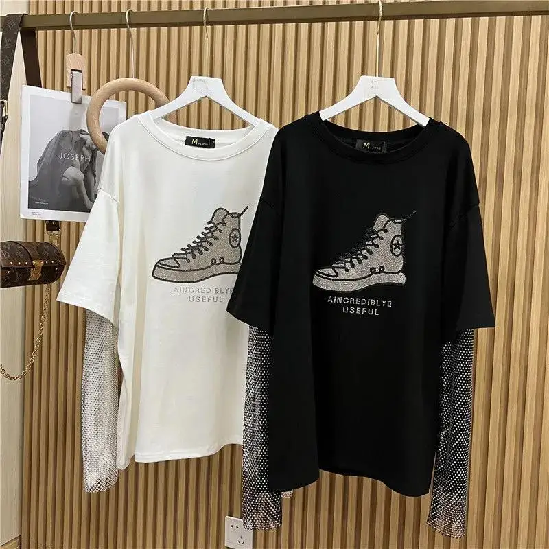 L-4XL Plus Size Black White Rhinestone Shoes Hip Hop Tshirts for Women Summer Patchwork Long Sleeve Large Size Woman Clothes