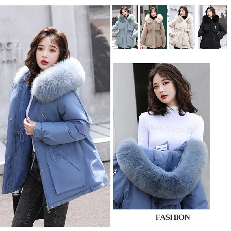 Winter Warm Cotton Clothing Women's Fashion Big Fur Collar Hooded Waist Skinny Parka Windbreaker Jacket Medium Long Section