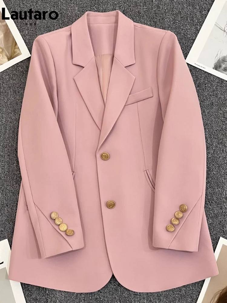 

Lautaro Summer Autumn Pink Blazer for Women with Gold Buttons Single Breasted Luxury Casual Light Soft Korean Style Fashion 2023