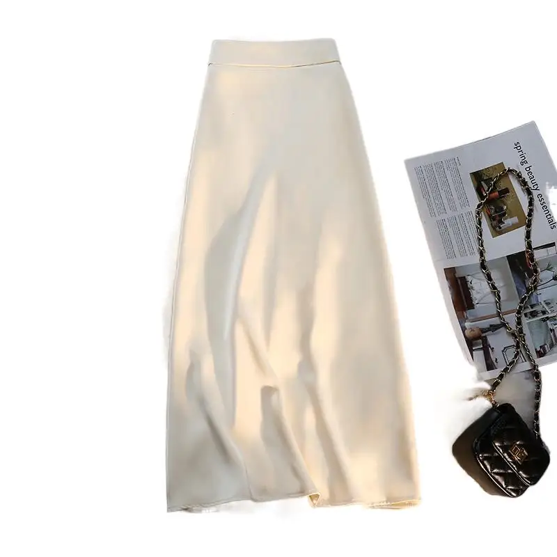 

Silk Satin Long Skirts for Women 4 Seasons Elegant Female Midi A Line Skirt Side Zipper Back Elastic Band Fashion Skirt