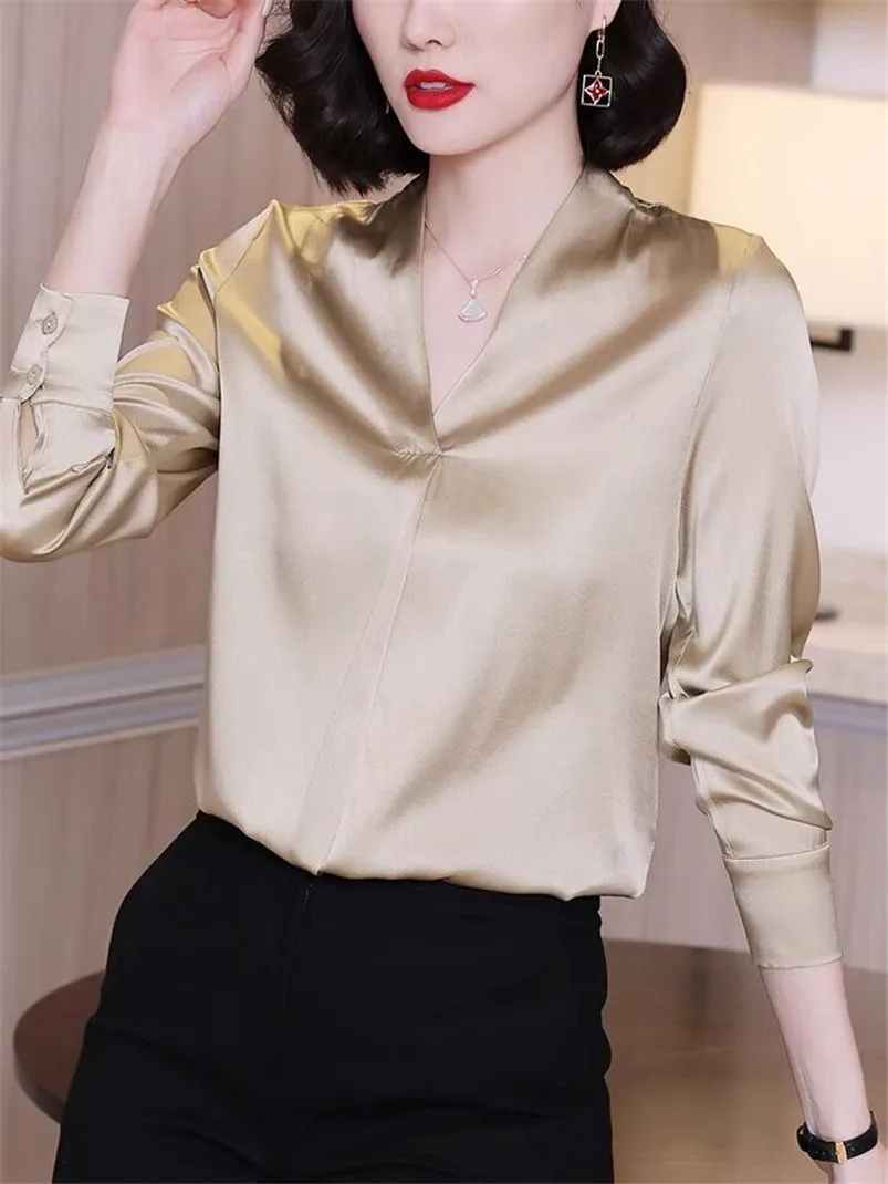 

Solid Color Long Sleeve Top Lady New Spring Basic Satin Clothes V-Neck 10 Color Ice Silk T-shirts Casual Loose Chic Blouse