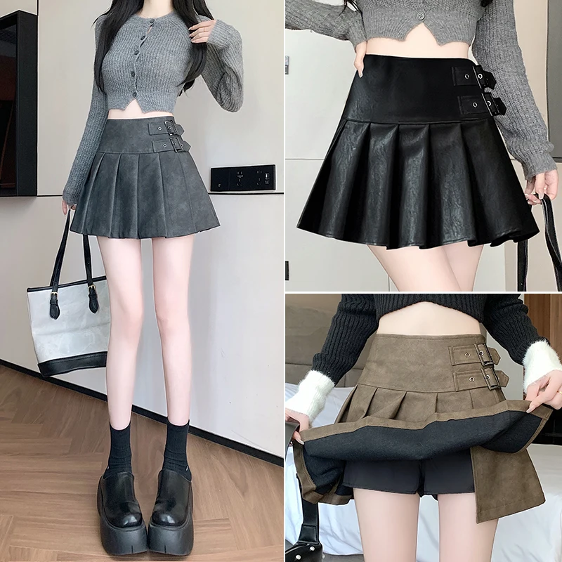 Плиссированные короткие юбки в стиле ретро для девочек Осенние однотонные из