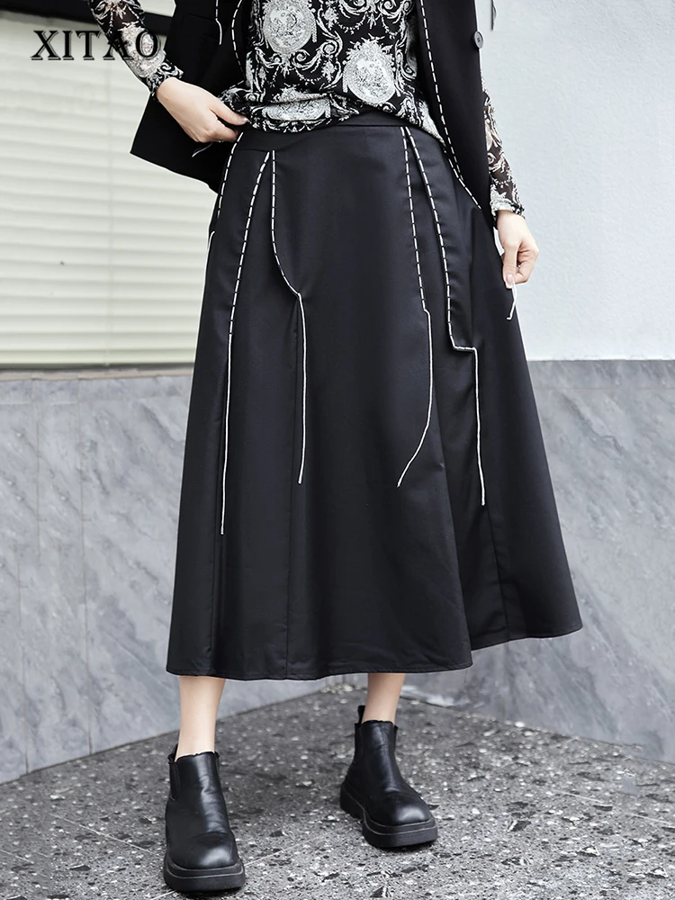 

XITAO свободная повседневная юбка трапециевидной формы с эластичной резинкой на талии, модная Яркая юбка с украшением в виде линии, Новинка осени 2023, Женская юбка DMJ2748