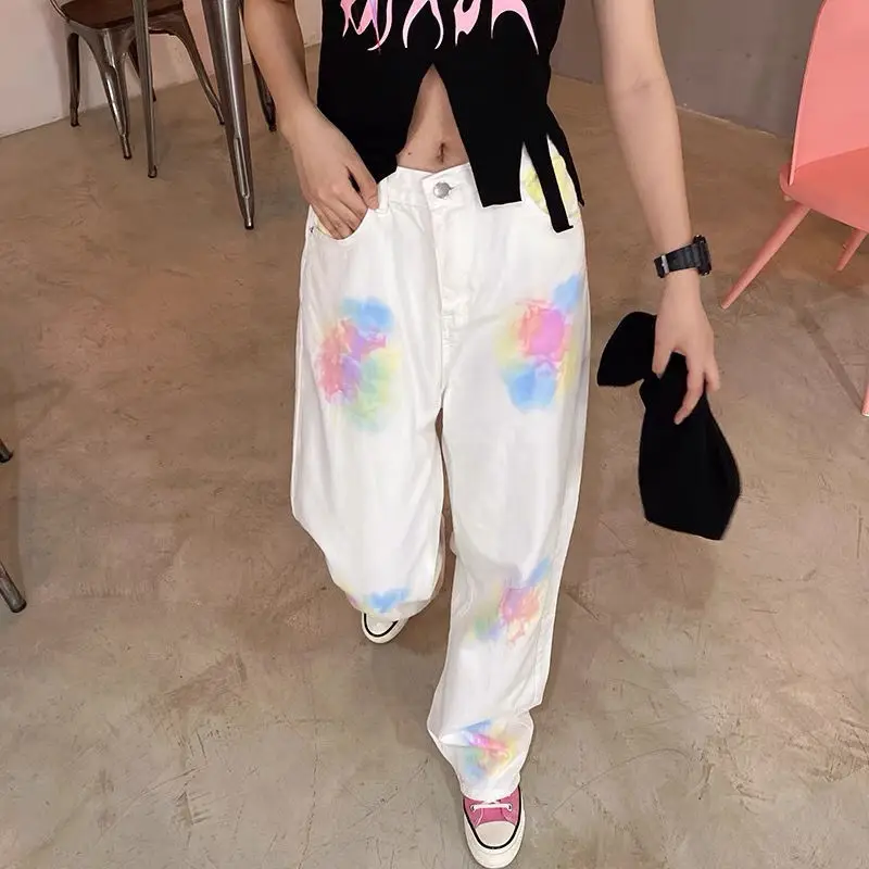 Womens Jeans Tie Dye Trousers White Woman Pants Straight Leg Cowboy Vintage Basics Aesthetic New In Denim Z Loosefit Summer 90s