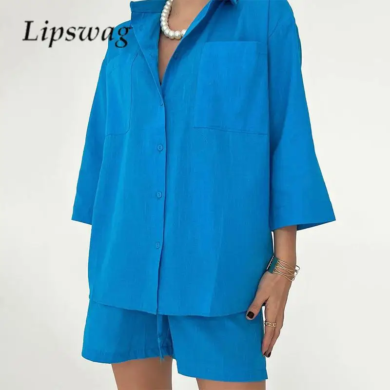 

Cotton and Linen Women's Two-Piece Set Fashion 3/4 Sleeve Shirt Top & Shorts Set Casual Ladies Solid Color Pocket Matching Set