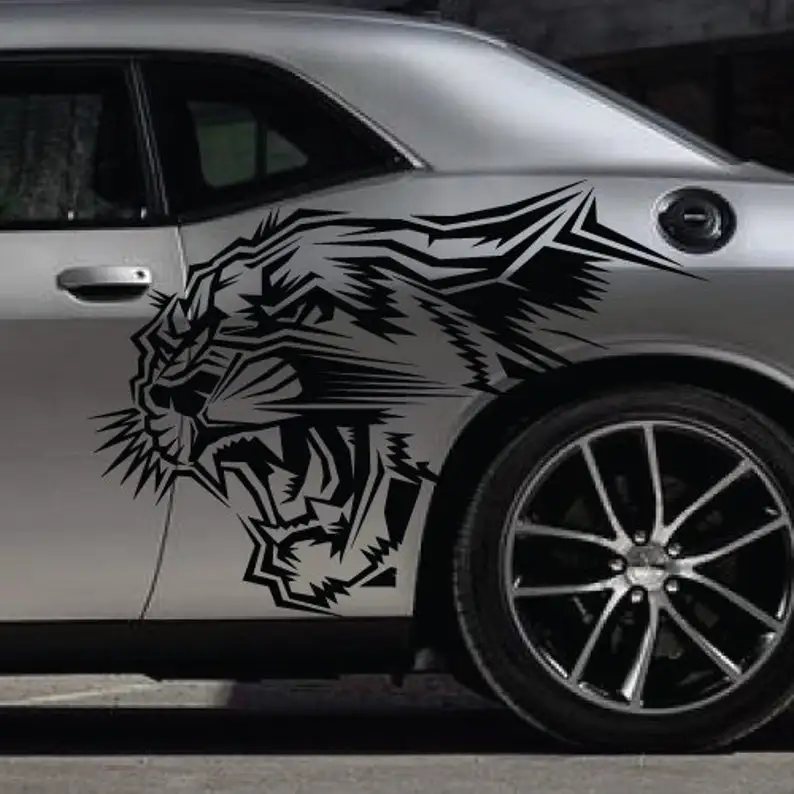 

INCLUDES Both Sides- Cat Running Fits HellCat Challenger Tribal Vintage Tattoo Door Pickup Truck Car Vehicle Decal Graphic Side