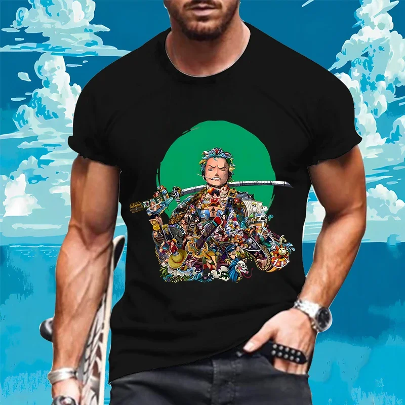 Anime One Piece T-shirt Luffy Zoro Men Cotton Round-neck Sports Casual Loose Cartoon Printing Short-sleeved Tops Clothing