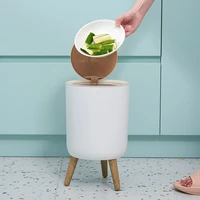 trash can with lid press dustbin for living room toilet bathroom kitchen garbage bucket high foot imitation wood rubbish can 7l