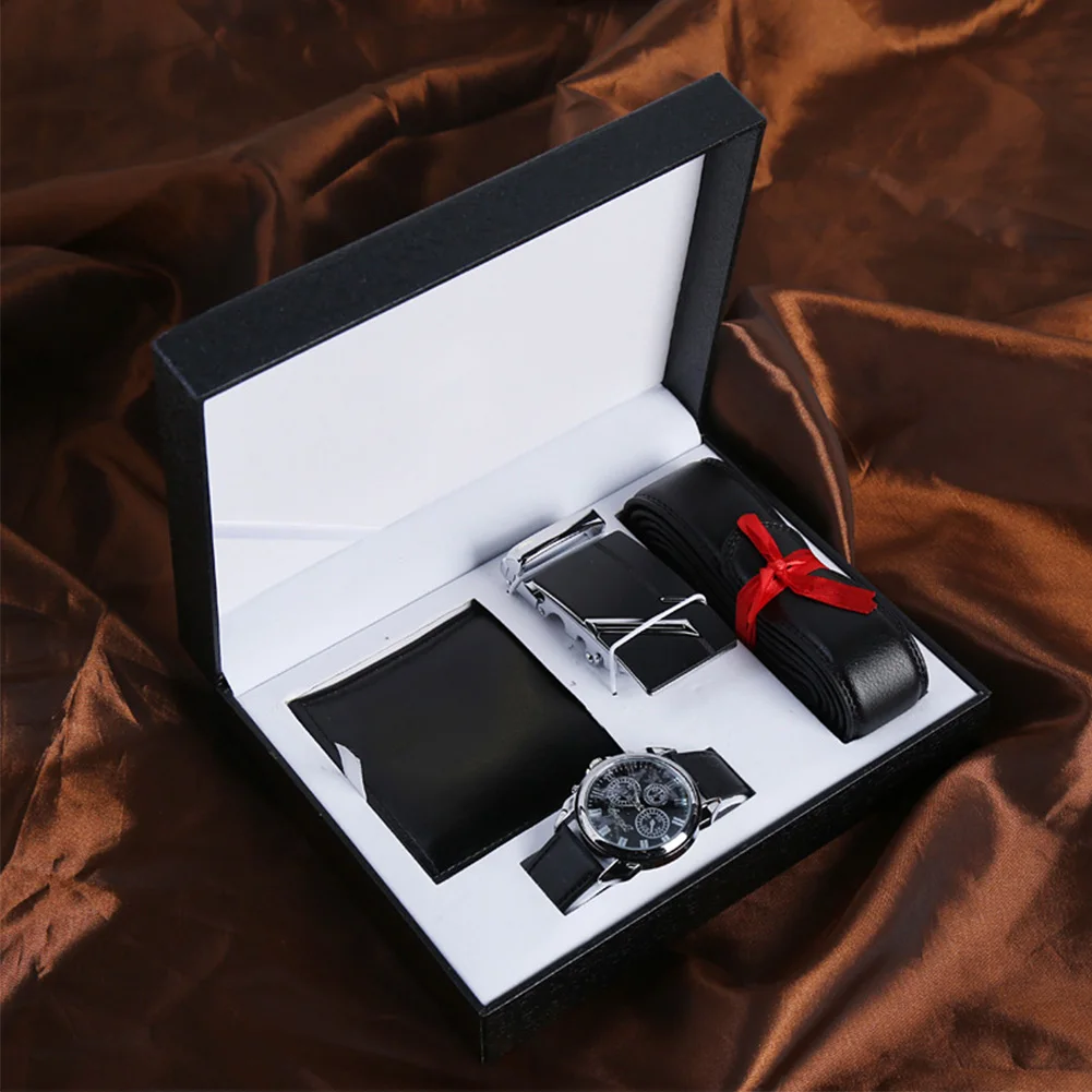 

3pcs Black Men Colleague Boyfriend Box Father Valentine's Day PU Wallet Watch Belt Accessories Gift Set Fashion Husband Birthday