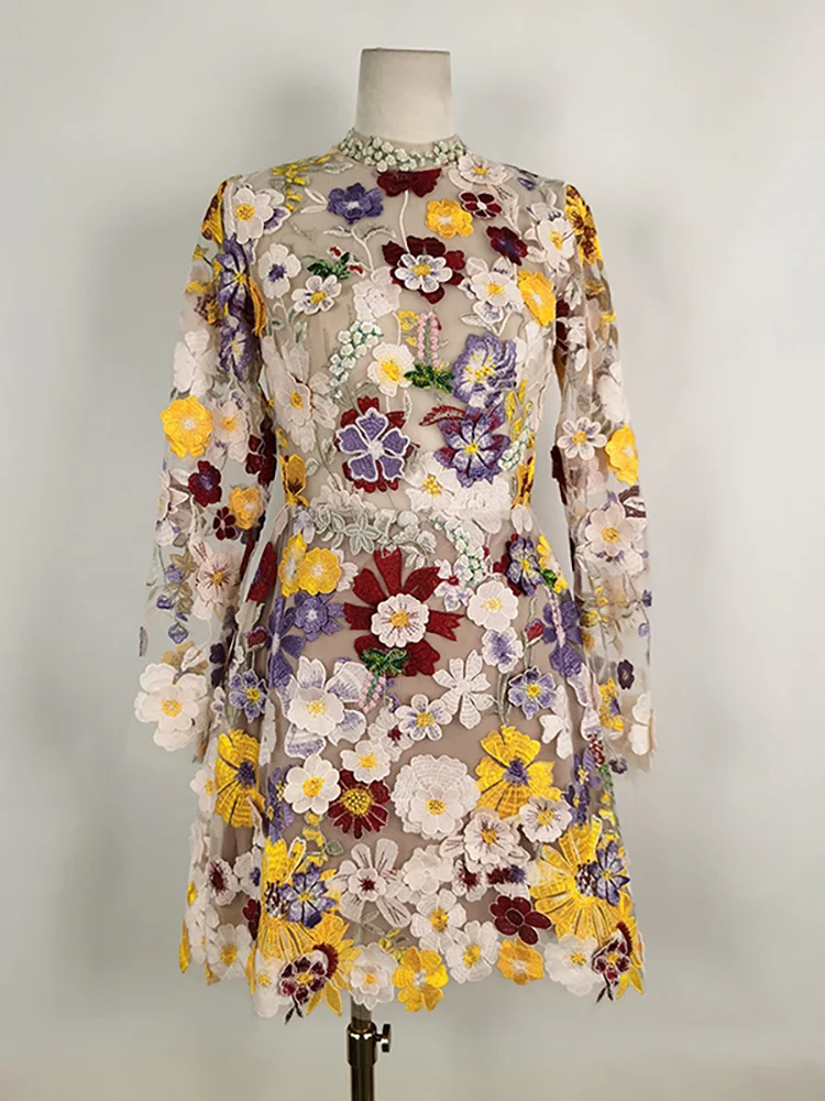 DEAT Элегантное платье с вышивкой и 3D цветком марлевое лоскутное длинными рукавами