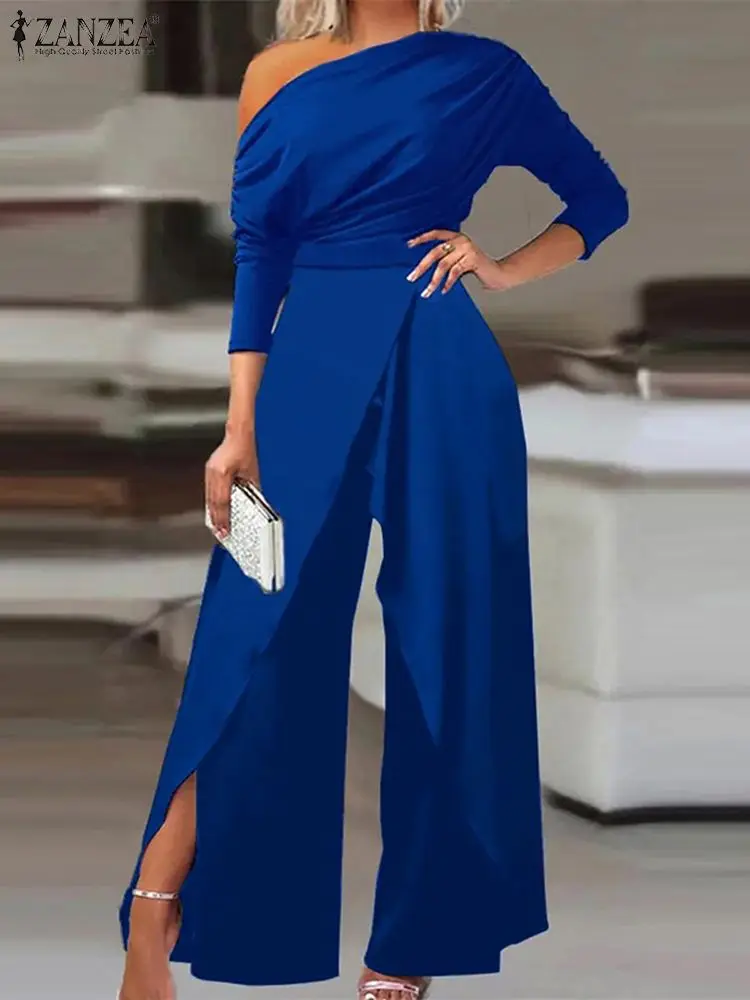 

Модный шикарный комбинезон ZANZEA, Женский Асимметричный комбинезон, уличная одежда с открытыми плечами, элегантный длинный комбинезон с длинным рукавом